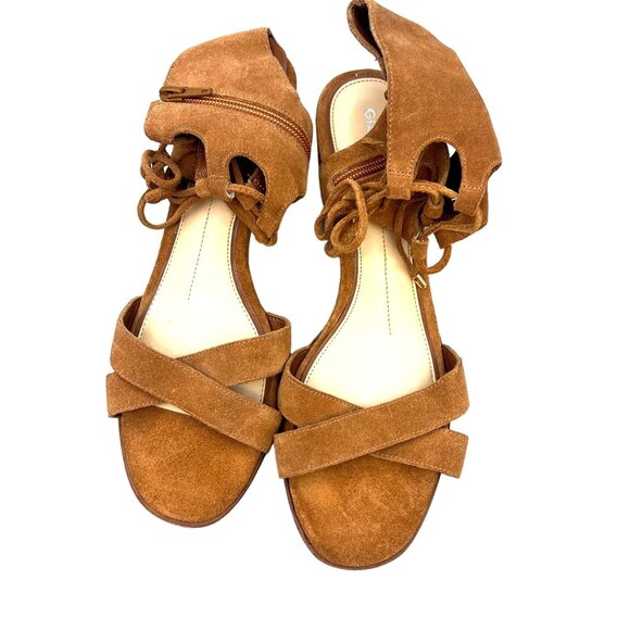 Brown Suede Open-Toe Sandals Festival Boho Concert Lace-Up Ankle Block Heel 9.5 - Picture 3 of 10